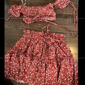 Red flower skirt set